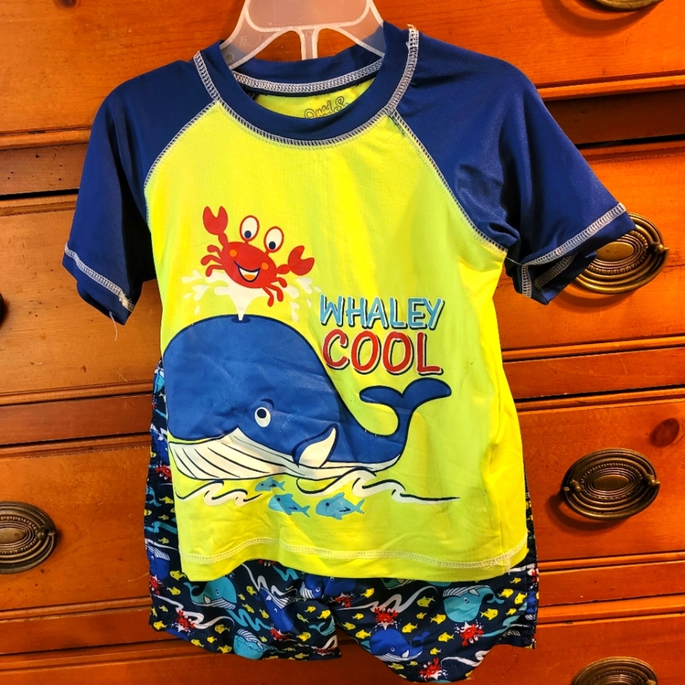 NEW 2PC Swim Trunks and Rash Guard Shirt~"Whaley Cool"~12 or 18 Mon~Crab~Whale